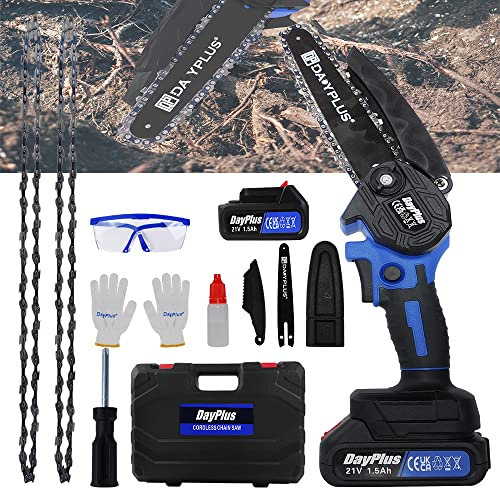 Mini motosega elettrica a batteria da 6 pollici con batteria da 21 V 1,5 Ah e caricabatterie, motosega singola da 21 V con paraspruzzi e blocco di sicurezza, motosega portatile con 2 catene per