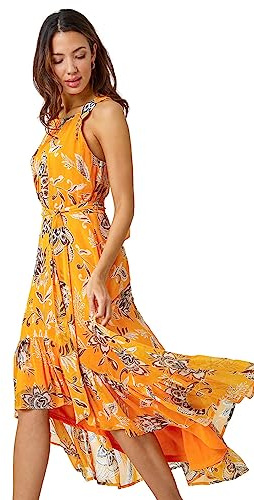Roman Originals Sleeveless Floral Halter Neck Midi Dress for Women UK - Ladies Everyday Holiday Spring Summer Round Neckline Comfy Soft Evening Vacation Work Party - Warm Yellow - Size 20