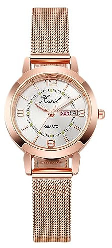 rorios Mädchen Minimalistische Armbanduhr Damen Analoge Quarzuhr wasserdichte Mesh Armbanduhr Frauen Roségold Uhr Woche Datum Kalender Weiß