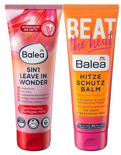 Balea 2er-Set Hitzeschutzbalm BEAT THE HEAT Hitzeschutz & Pflege für stark strapaziertes Haar mit Proteinen & Keratin für bessere Kämmbarkeit, Glanz, Geschmeidigkeit, Anti-Frizz, 2 x 125 ml (250 ml)
