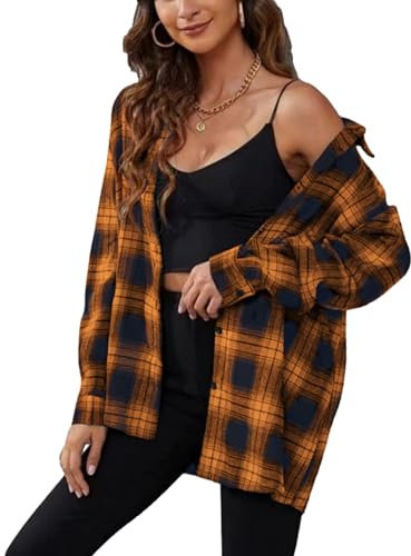 Zontroldy Chemise à Carreaux en Flanelle pour Femme - Manches Longues - Boutonnée - Chemisier à Carreaux de Buffle, Noir/Orange, Taille L