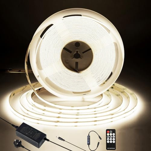 COB LED Strip 10M,4000K Natural White Dimmable Dotless LED Strip Lights ,with 3840 LEDs,CRI90+, 8mm Wide ,with RF Remote and Power Supply, 24V LED Light Strip for Indoor Room,Kitchen,cabinets,Mirrors