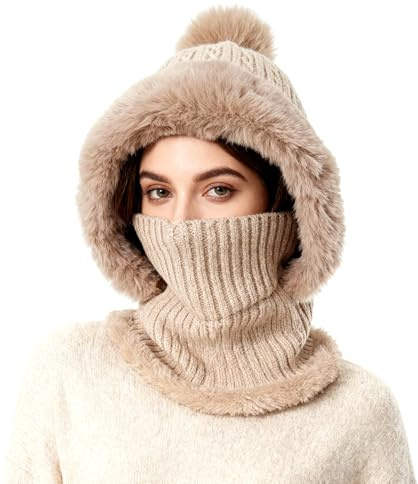 TAGVO Hiver Chaud Tricoté Bonnet Et Ensembles De Cache-Cou, Balaclava Chapeau Bonnet Tricoté Flexible Avec Boule De Poils, Cagoule Tricoté Femme pour Les Sports De Plein Air Taille Unique
