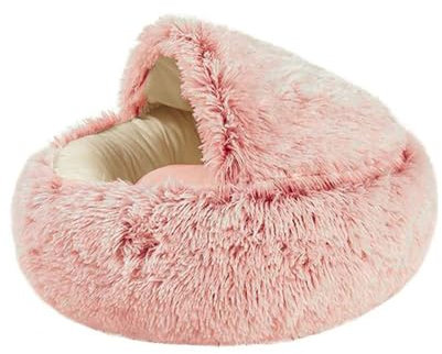 Coussin Rond Doux et Moelleux pour Chat - Lit en Peluche Longue avec Niche et Sac de Couchage (50 x 50 cm, Rose)