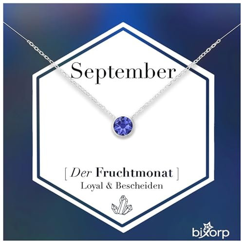Bixorp Geburtsstein Halskette mit Zirkonia-Anhänger September - Edelstahlkette mit rundem Zirkonia-Kristall - September/Saphir - Silber