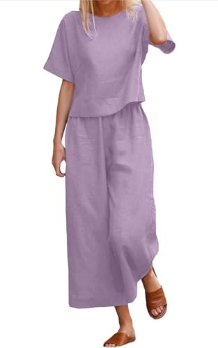 Nfsion Completo estivo da donna, 2 pezzi, girocollo, mezze maniche, gamba larga, pantaloni lunghi, set da salotto in lino con tasche, Viola chiaro, XX-Large