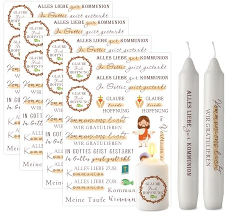 ALLAVA 4 Stück Kerzen Tattoos Kommunion A5, Kerzen Tattoo Kommunion, Kerzen Deko Kommunion, Kerzentattoos zur Konfirmation, Kommunion oder Taufe, Kommunion Kerze (Kommunion A)
