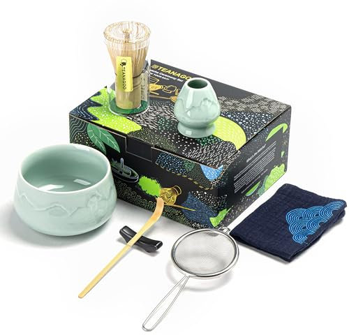 TEANAGOO Matcha Kit (7pcs.) Batidor de Matcha Kit de Mtacha Cuenco de Matcha Batidor de Matcha de Bambú (Chasen) Cuchara (chashaku) Soporte para batidor. N26, azul celadón, té Matcha