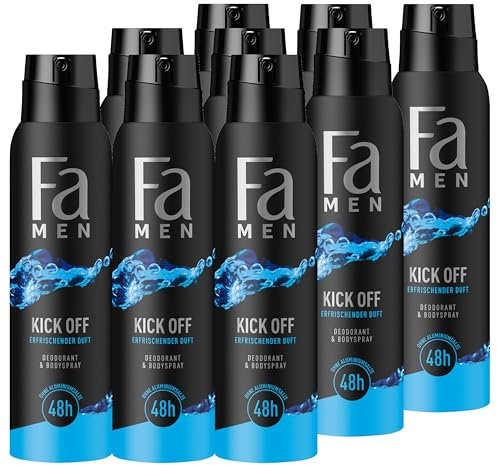 Fa Men Deodorant & Bodyspray Kick Off (9x 150 ml), Deospray mit aktivierend-frischen Duft, Deo ohne Aluminium für bis zu 48 h Deo-Schutz, hinterlässt keine Deo-Rückstände