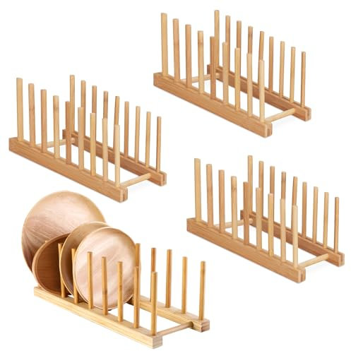 4 escurreplatos de bambú, Soporte para Platos, Estante para Platos, Estante de vajilla para armarios, con 8 Compartimentos, Soporte para Tapa de ollas, Organizador de Armario de Cocina para Tazas