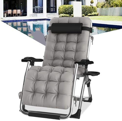 Tumbonas Gravedad Cero, Tumbona de Relax Silla de Jardín Plegable, para Playa, Piscina, Terraza,Camping.Carga Máxima 200kg (A-con Cojín Gris, Set de 1)