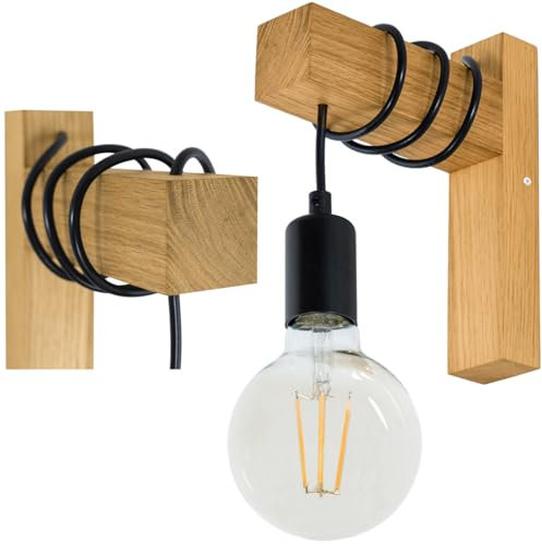 LED Wood Wandleuchte Innen Holz - Handgefertigte Wandlampe Vintage aus Eichenholz - Industrial Wandbeleuchtung E27 max. 40 W - Retro Lampe Schlafzimmer, Badezimmer, Kinderzimmer - Glühbirne nicht inkl