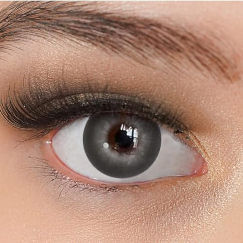 Kontaktlinsen farbig grau ohne Stärke stark deckend Charmiga Moon Gray | Natürliche Jahreslinsen dunkelgrau 2 Stück mit Behälter, weiche Farblinsen 0.00 Dioptrien, 14.20 mm