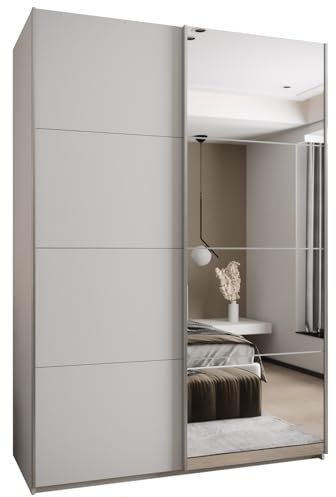 MEBLE KRYSPOL LUX 3 Eleganter 2-türiger Schwebetürenschrank mit Spiegel an der Tür - Leise schließend - HETTICH Topline L System - 245,5x170x64cm - Weiß, Weiß, Silber