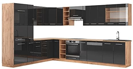 Vicco Eckküche Fame-Line, Küchenzeile in L-Form, Goldkraft Eiche/Weiß, 257 x 60 cm, AP Marmor