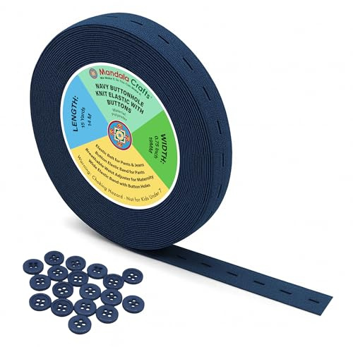 Mandala Crafts Navy Blue Buttonhole Elastics Band Pants Waist Tightener for Jeans - 0.75 in 15 Yards Navy Blue Elastic with Button Holes for Button Extender Waistband Belt