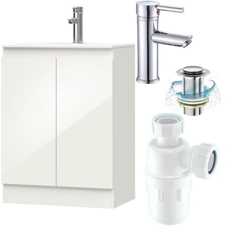 BELOFAY 600mm Under Sink Bathroom Cabinet Floor Standing Storage Cupboard Basin Vanity Unit, 600mm Laquered Cloakroom Vanity Unit with Basin, Tap, Trap and Waste, Tap not Included (Denvor White)
