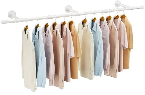 IBUYKE Tringle à Vêtement Mural 156cm, Métal Portant à Vêtements Murale Industriel, Amovible Barre de Penderie Murale pour Suspendre des Vêtements pour Salon, Chambre, Triple Bases, Blanc TYJ007W
