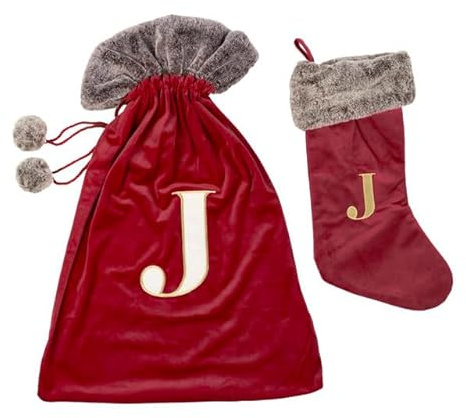 Celebright Matching Christmas Sack and Stocking Set with Embroidered Letter 'J' - Festive Holiday Décor for a Memorable Celebration - Faux Fur - Red