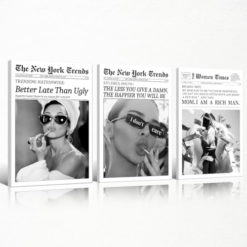 Yuaruo Set mit 3 trendigen Zeitungs-Leinwandkunst, Funky Better Late Than Ugly Wandkunstdruck, Vintage-Schwarz-Weiß, ästhetische Poster, Hot Girl, College-Wohnheim, Wanddekoration, 30,5 x 40,6 cm,