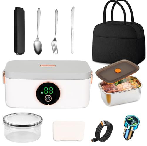 Heated Electric Lunch Box, Automatic Heating-Cordless, 1L Capacity, Self Heating for Office, Car, and Outdoor Use，Insulated Lunchbox Bag, Knife, fork, Spoon, Car Charger and Crisper