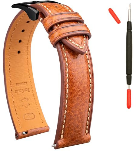 Gomvadr Leder Uhrenarmband pflanzlich gegerbtes Top-Grain-Lederarmband, 16 18 19 20 21 22mm Schnellspanner-Ersatzarmbänder (Cognac/Schwarze Schnalle/Kontrastnaht, 20mm-XL)