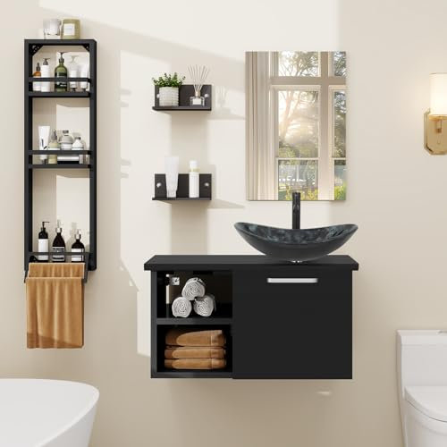 YU YUSING Ensemble de Meubles de Salle de Bain avec Lavabo Miroir et Porte-Serviette, 3 Étagères Murale, Armoire Meuble de Rangement, Vasque à Poser, Ensemble de Robinets (Gris Foncé)