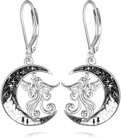Schwarze Katze/Fledermaus/Spinne/Kürbis/Wolf/Roter Kardinal Silber 925 Damen Hängend Leverback Ohrringe Mond Tier Schmuck Geschenke für Frauen