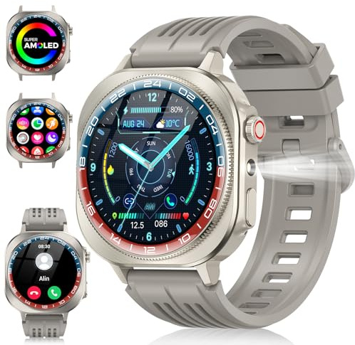 Soudorv Smartwatch Herren Damen, 2025 AMOLED Touch-Display Smart Watch mit Telefonfunktion, 1.43″ Fitnessuhr mit LED Taschenlampe/130+ Sportmodi/Herzfrequenz/Schlafmonitor, IP68 Wasserdicht Sportuhr