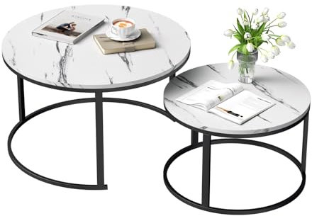 TWSOUL Couchtisch Rund 2er Set, Couchtisch Wohnzimmertisch Rund mit Metallgestell Beistelltisch Set für Wohnzimmer Balkon Büro 80x45.5cm+60x38cm (Schwarz)