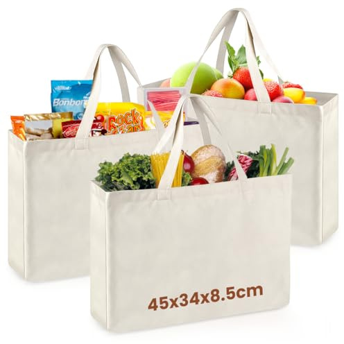 3 STK Baumwolltasche Einkaufstasche Groß 45x35cm Stoffbeutel Einkaufstasche | Stofftasche Einkaufen Einkaufsbeutel Baumwolle Stoffbeutel Unbedruckt Bemalbar Stofftasche Groß für Wäsche Sport Shopping