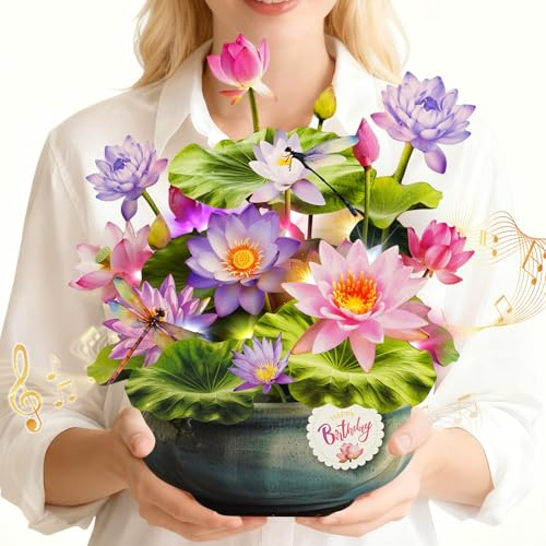 WUJUN Geburtstagskarten mit Musik & Licht, Pop-up Alles Gute zum Geburtstag-Karte, 25cm lebensgroße Ewige Blumenstrauß-Geschenke für Ehefrau, Mutter (Seerose & Lotos)