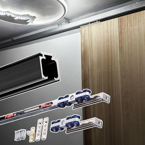 Schiebetür Schiene Wandmontage-Schiebetür-Beschlagsatz mit Sanftem Schließmechanismus Aluminium-Schiebetürschienensatz(Black track,82in(208cm))