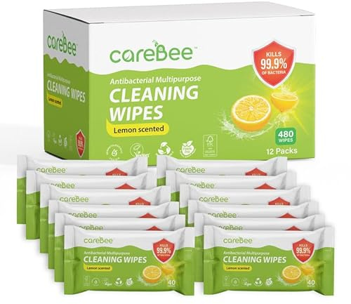 CareBee Plastic-Free Antibacterial Surface Wipes | Plant-Based, Biodegradable, FSC Certified, Vegan | Lemon-Scented Surface Cleaning Wipes (Pack of 12)
