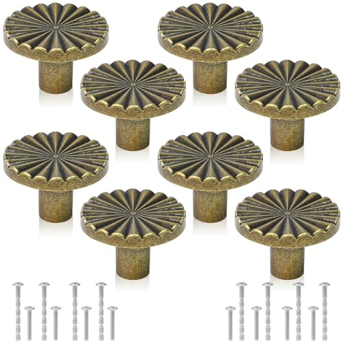 8 Pcs Antique Brass Cabinet Knobs, Vintage Drawer Knobs, Copper Round Drawer Pulls, Zinc Alloy Cupboard Door Knobs, Simple Cabinet Hardware with Screws for Cupboards Dressers Wardrobes Drawers