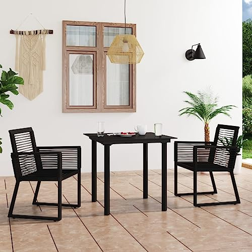 Owoxanthellate 3-TLG. Gartenmöbel Set Schwarz 80 x 80 x 74 cm Tisch mit Glasplatte 2 Rattan Sessel wetterfestes Outdoor Essgruppe modernes Design für Balkon Terrasse Garten