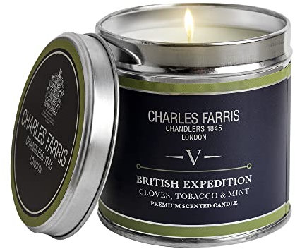 Charles Farris British Expedition Luxury Signature Scented Tin Candle - Cloves, Tobacco & Mint Tea - Hand-Poured in England - 40 Hours+ Burn Time