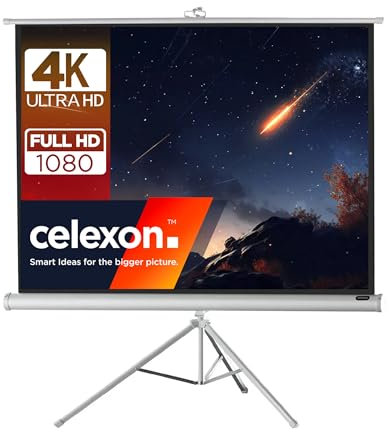 celexon Economy White Tripod screen white 85 | 176x132 cm 4:3 | Mobile, 4K, full HD projector screen with manual roller extension for home cinema, office & outdoor use | incl. stand + carrying handle