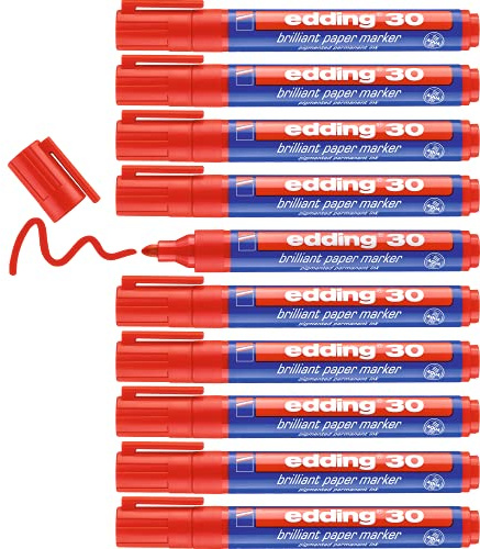 Edding 30 Brilliant Paper Marker - Red - 10 Waterproof Permanent Markers - Round Nib 1.5-3 mm - Vibrant Colours - Lightfast Marking on Paper, Card, Cardboard, Plastic, Metal and Glass, 4-30002