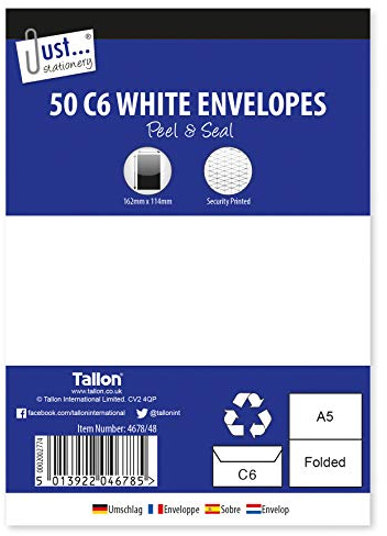 Tallon Just Stationery C6 Peel & Seal Envelopes - White (Pack of 50)