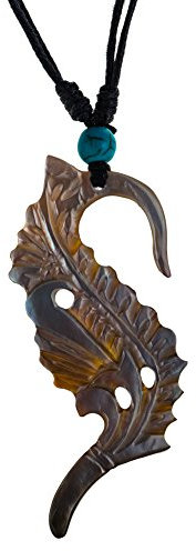 Halskette Perlmutt verstellbar Baumwolle Muschel Kette handgeschnitzt Türkis Stein | Herren Damen Surfer Anhänger weiß braun grau bunt Black Shell | Spirale Flügel Farn Ornament Zackenrad Farn-Blatt