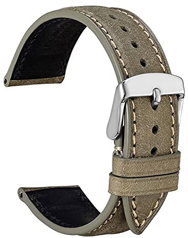 WOCCI 20mm Nubuk Leder Uhrenarmband mit Silberner Edelstahlschnalle, Schnellverschluss Armband für Damen und Herren (Olivgrün)