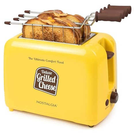 Nostalgia Deluxe Grilled Cheese Sandwich Toaster with Easy-Clean Toasting Baskets - Adjustable Toasting Dial and Extra Wide Slots - Yellow