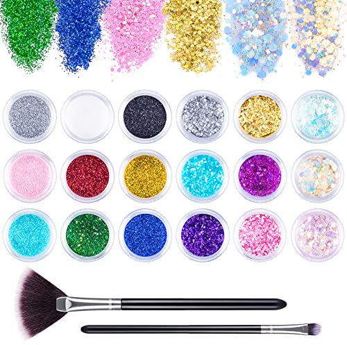 MELLIEX Glitzer für Nagel, 18 Boxen Glitzerpulver Set Nail Art Glitter Pailletten für Nagelkunst, Make Up, Gesicht Körper, Haar,Basteln DIY (mit Pinsel)
