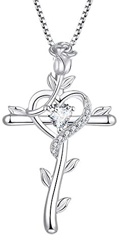 starchenie Kreuz Halskette Damen 925 Sterling Silber Herz Weiß Zirkonia Rose Kruzifix Anhänger Schmuck Geschenke für Frauen Mama Freundin
