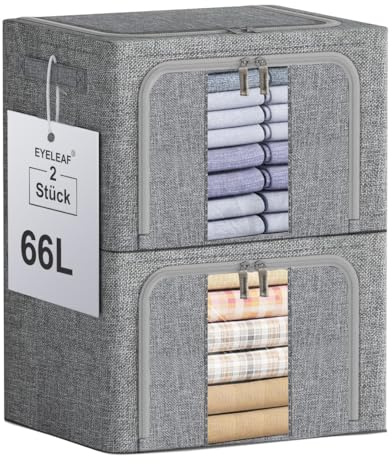 Eyeleaf Aufbewahrungsbox 66L 2er Set, Leinenstoff mit Metallrahmen, faltbar mit transparentem Fenster, dichtem Reißverschluss & Griffen, staub- & feuchtigkeitsbeständig für Kleidung, Bettwäsche