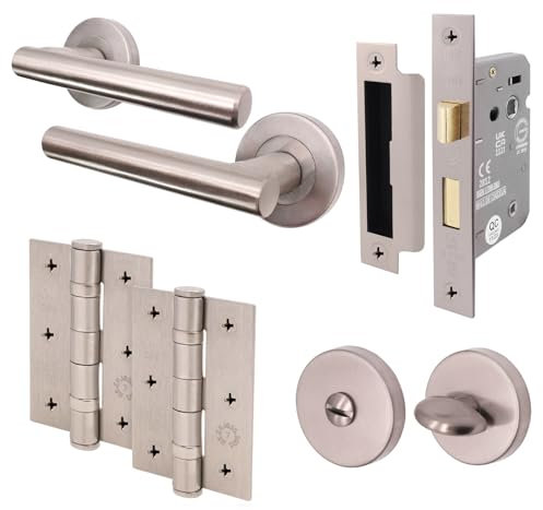 EAI Bathroom Door Handle Set | Round T-Bar Internal Door Handles, Thumb Turn & Release Set, Lock & Hinges (76mm) | Oliena Range