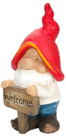 Bubble-Store Gartenzwerg für außen mit Begrüßungsschild Welcome-Schild, Gartendeko, Gartenfigur Zwerg mit roter Zipelmütze für Garten, Terrasse, Balkon