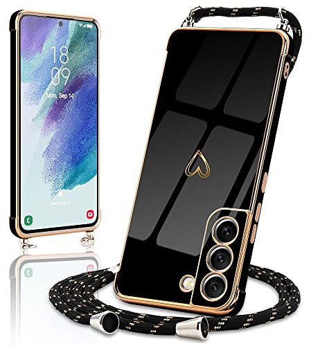 Micoden Handykette kompatibel mit Samsung Galaxy S21 FE 5G hülle Ultra dünn Kameraschutz Herz Love Design Galvanik TPU Silikon Bumper Kordel zum Umhängen Handyhülle mit Band Schutzhülle,Schwarz