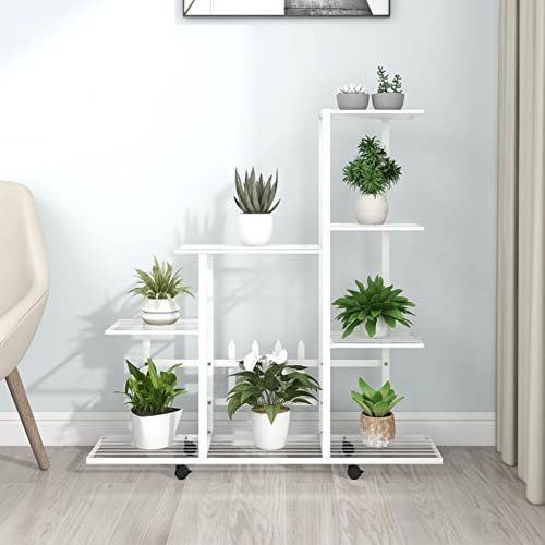 Gecheer Blumenständer auf Rollen Blumentreppe Dekoration Pflanzenständer Blumenregal Pflanzentreppe Pflanzenregal Blumenbank Ausstellungsregal Aufbewahrungsregal 94,5x25x92,5 cm Weiß Metall